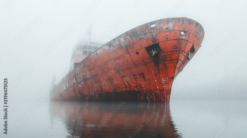 Obraz premium Large weathered red cargo ship resting in calm water and surrounded by dense fog, creating a mysterious maritime scene with visible corrosion and reflection.