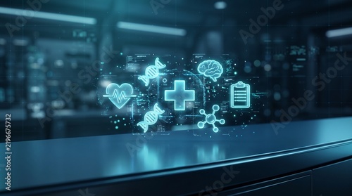 Futuristic digital health interface with medical icons representing science, technology, and healthcare innovation.