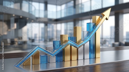 A 3D bar chart with an upward-trending line graph and arrow, symbolizing business growth and success, set against a modern corporate office background.