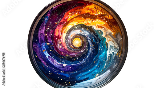 Swirling, colorful galaxy-like art within a round, glass-like encasement