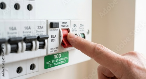 Close-up of a hand flipping the red main switch on a residential electrical circuit breaker panel or fuse box for safety during maintenance and repair in a modern household setting.