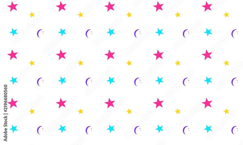 Seamless pattern with colorful stars and crescent moons on a white background.