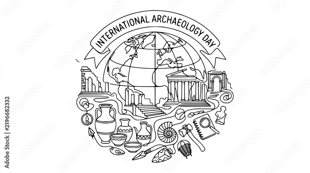 Fototapeta premium International Archaeology Day Globe With Ancient Ruins and Artifacts Illustration