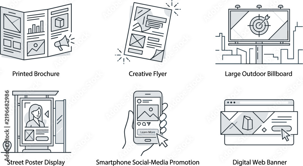 Fototapeta premium Traditional Print and Digital Marketing Channels Outline Vector Illustration Set Featuring Brochure Creative Flyer Billboard Street Poster Smartphone App and Web Banners