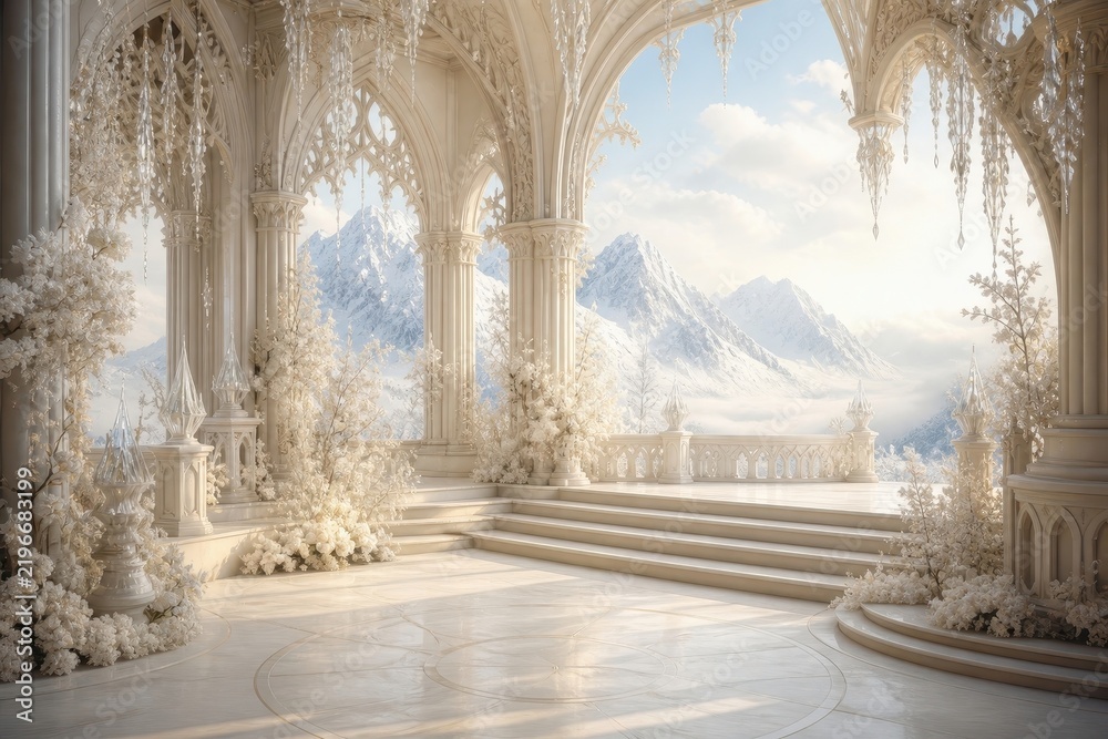 Obraz premium Dreamy ornate palace terrace with snowy mountain panorama