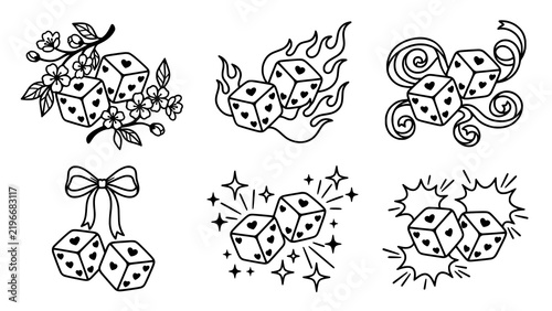 Collection of hand drawn dice illustrations with hearts and decorative elements in black ink