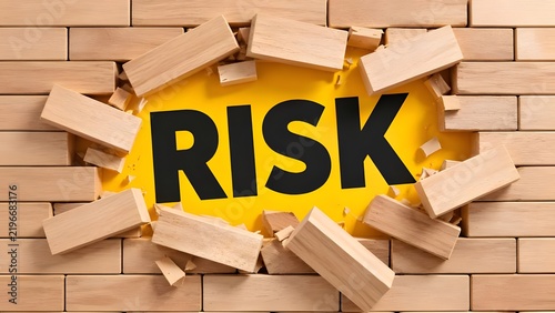 Concept of breaking through barriers revealing the word risk on yellow background representing business challenges and danger