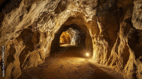 miner. An empty underground mine tunnel with rough rock walls lit by a single helmet light. safety posters, maintenance manuals, designed for industrial assembly lines and welding operations.