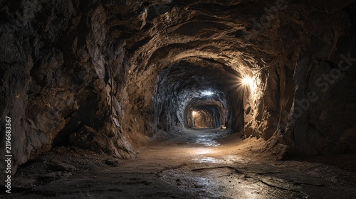 miner. An empty underground mine tunnel with rough rock walls lit by a single helmet light. safety posters, maintenance manuals, designed for industrial assembly lines and welding operations.