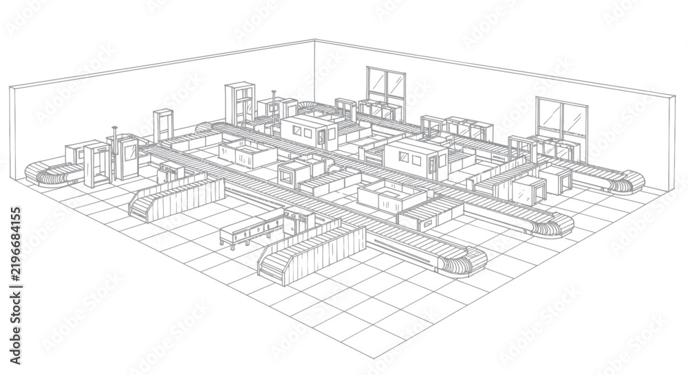 Fototapeta premium Modern Isometric Line Drawing of a Large Industrial or Office Building Floor Plan with Workstations and Conveyor Belts