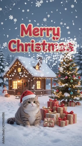 A cat wearing a santa hat in a snowy winter village scene with a cabin and a Christmas tree, rendered in 3D animation for holiday greeting card design and social media video.