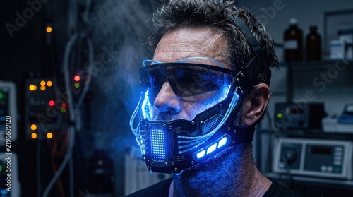 Futuristic cyberpunk man wearing glowing blue high tech illuminated face mask respirator in dark lab