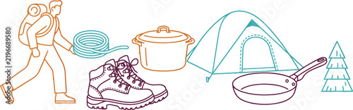 Hiker carrying camping gear and cooking utensils silhouette illustration