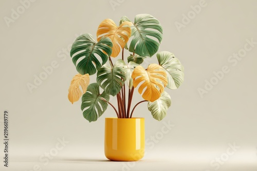 Variegated Monstera plant in a yellow pot with soft studio lighting and a neutral background for commercial use