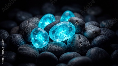 Luminous blue stones resting peacefully upon a bed of dark volcanic pebbles emitting a soft ethereal glow.