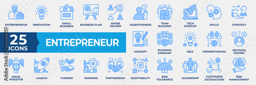 Entrepreneur Icon Set. Containing Business, innovation, strategy, concept, skills, idea, partnership, plan, leadership, adaptability, teamwork and more. Simple Lineal Blue Vector Illustration.