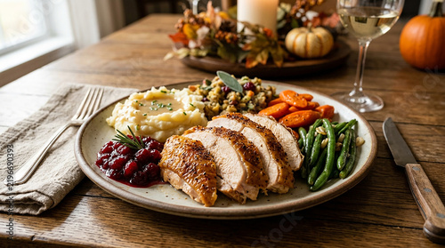 Thanksgiving dinner plate with roasted turkey sides and autumn decorations