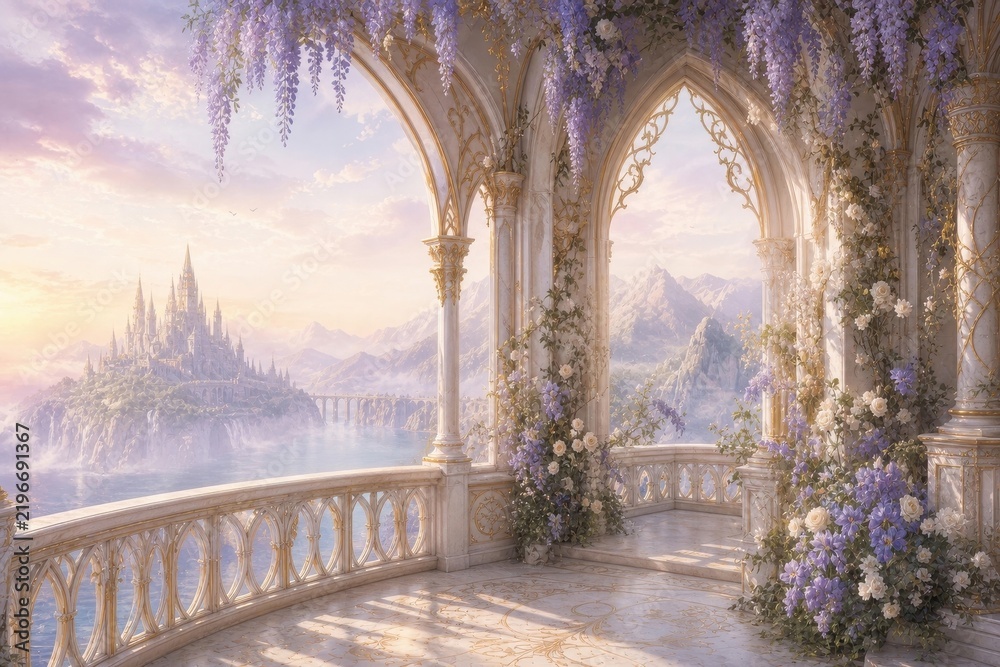 Obraz premium Fantasy palace terrace with blooming flowers and mountain view