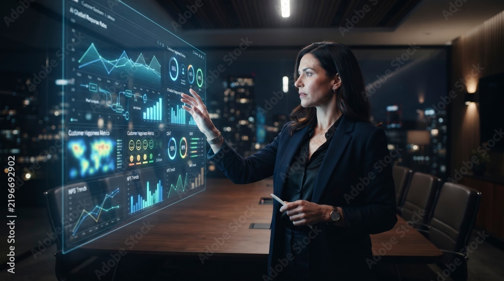Fototapeta premium A focused businesswoman interacts with a glowing virtual holographic interface displaying real-time analytics, charts, and customer metrics in a luxury corporate office at night.