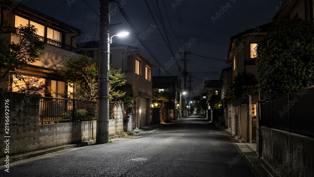 Fototapeta premium Utility pole lit by a streetlamp among glowing house windows on a night residential street