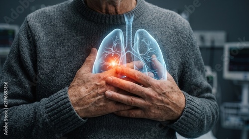 Senior man holding chest featuring glowing holographic lungs with inflammation spot, capturing respiratory health diagnosis and pulmonary disease awareness for lung cancer education.