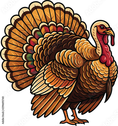 Detailed turkey illustration with fanned tail feathers and white background