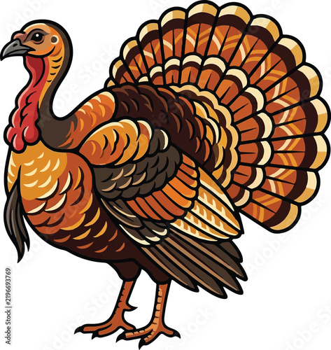 A detailed vector illustration depicts a turkey with a fanned tail