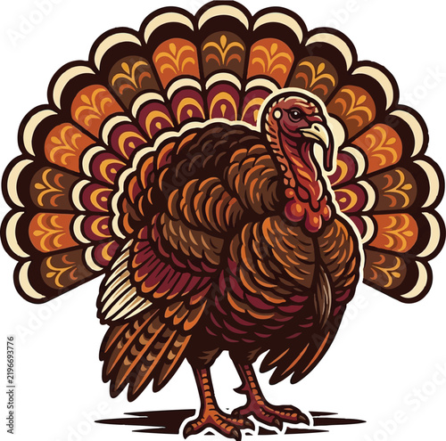 Detailed turkey illustration features a vibrant fan shaped tail display