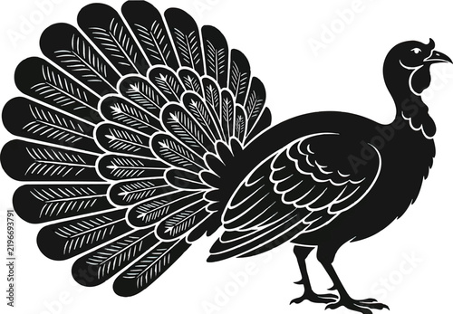 Black silhouette of a turkey with fanned tail against a white background