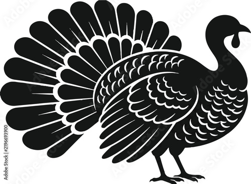 Black turkey silhouette displays fanned tail feathers against a white background