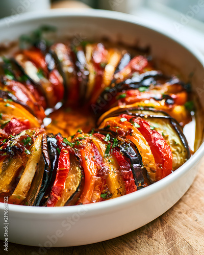 Colorful Layers of Arranged Vegetables in a Glossy Dish Presentation