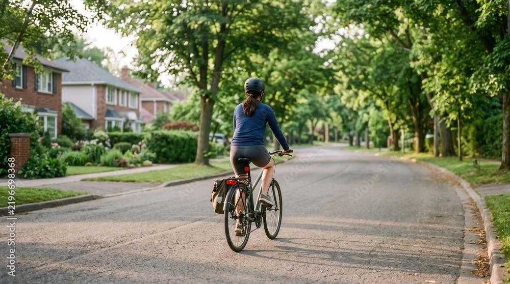 Fototapeta premium Woman cycling on a quiet residential street during a sunny afternoon perfect for lifestyle blogs, wellness websites, and corporate health presentations