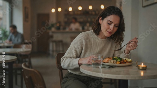A person with a body-positive appearance enjoying a delicious and well-balanced meal alone at a restaurant, looking content. Keywords: sstkWellness, eating out, balanced meal, solo dining, content, 