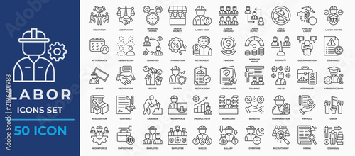 Labor Icon Collection Set. Containing icon business, worker, promotion, training, skill, contract, regulation, compliance, benefit, finance, negotiation, productivity. Outline Vector Illustration.