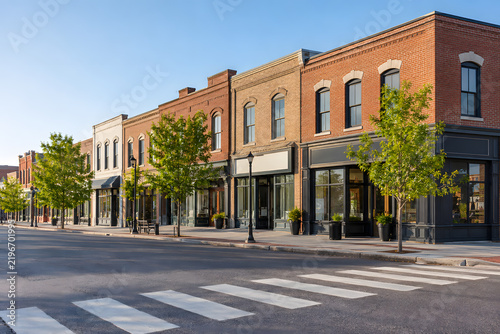 Charming Historic Main Street with Inviting Shops and Trees in Daylight