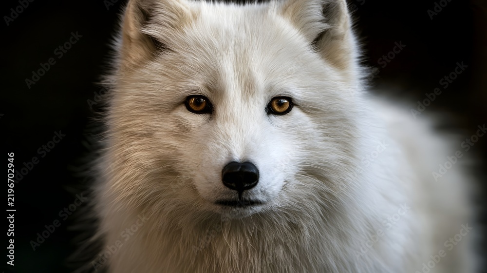 Obraz premium A close up portrait of a white fox with golden eyes set against a dark background showcasing its fluffy fur and alert expression
