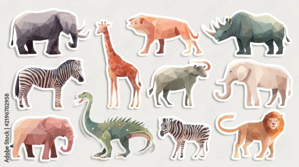 Fototapeta premium Collection of polygonal wild animals stickers including elephants, zebras, and lions