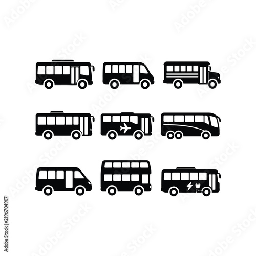 Bus Shuttle Transportation Pictogram Icons Set Solid Silhouette Vector