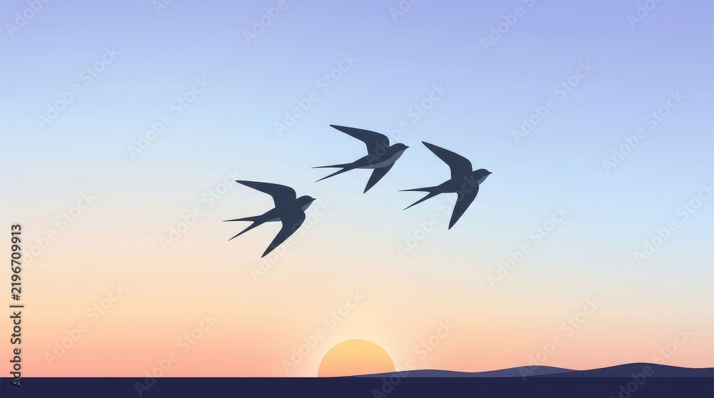 Obraz premium Silhouette of Birds Flying at Sunset Over Serene Horizon