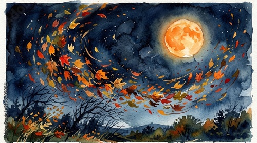Serene Autumn Night with Swirling Leaves and Orange Full Moon