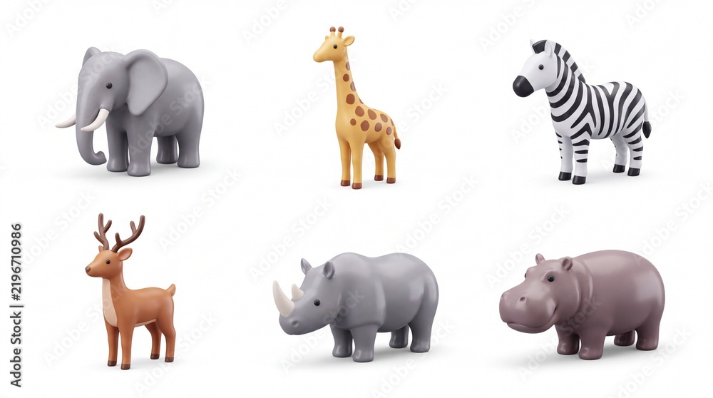 Fototapeta premium Collection of Colorful Animal Toys Featuring Elephant Giraffe Zebra Reindeer Rhino and Hippo on White Background