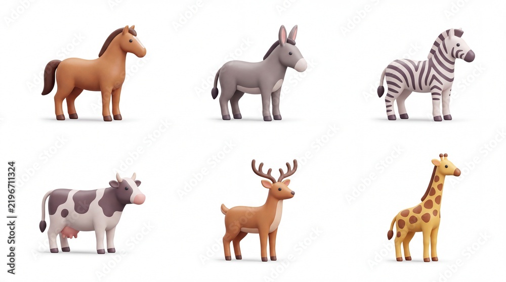 Fototapeta premium Set of Six Colorful Cartoon Animal Figures Including Horse Donkey Zebra Cow Reindeer and Giraffe on White Background
