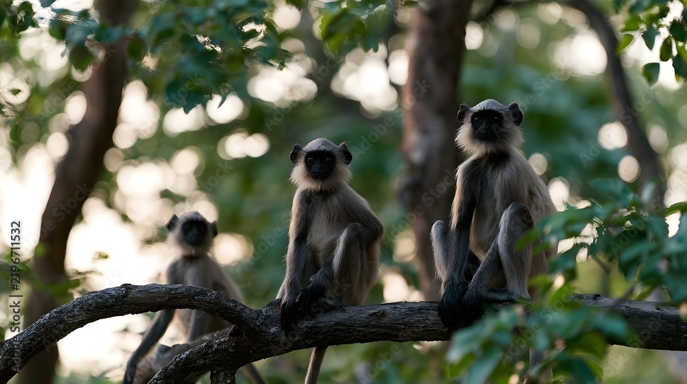 Fototapeta premium Three langur monkeys sit calmly on a tree branch surrounded by green foliage in a forest setting