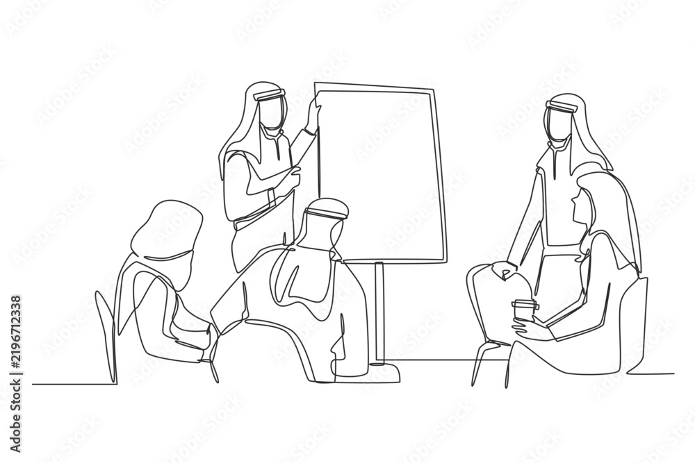 Fototapeta premium A continuous line drawing of human Arab professionals and Muslim women watching a male speaker present on a flipchart, portraying corporate leadership, team seminar training, and office strategy.