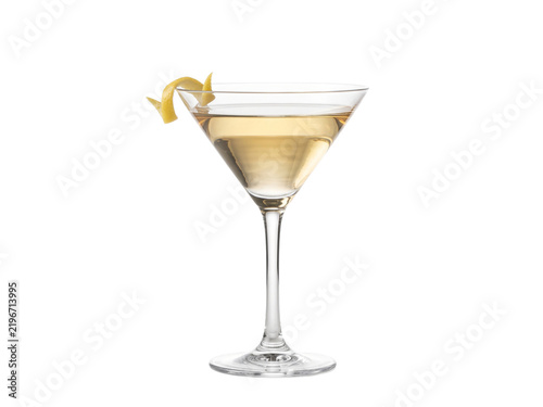 Photography Martini cocktail glass with lemon twist garnish isolated on white background