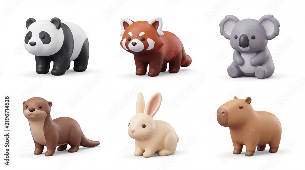 Obraz premium Set of Cute Animal Figurines Including Panda Fox Koala Rabbit and Hippo in Bright Colors