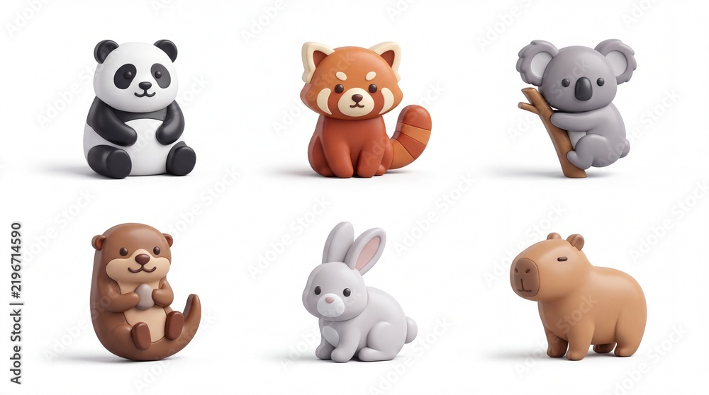 Obraz premium Cute Animal Figurines Collection Featuring Panda Red Panda Koala Bunny Pig for Children's Decor and Toys