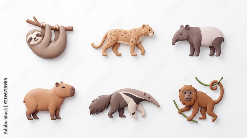 Fototapeta premium Set of Cute Animal Figures Including Sloth Hyena Bear Lion and Wild Animal Toys for Kids Playroom Decor