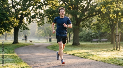 Morning Jogger in a Park: A fit man enjoys a refreshing morning jog on a paved path in a serene park, surrounded by lush greenery and mature trees, as the sun casts a gentle light