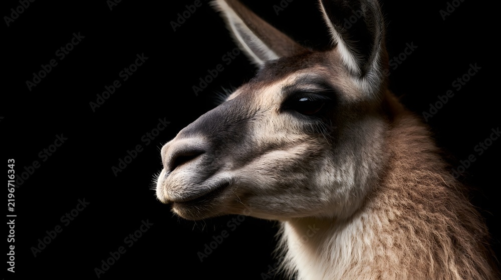 Obraz premium Close up portrait of a llama s head in profile against a dark background highlighting its soft fur and alert ears